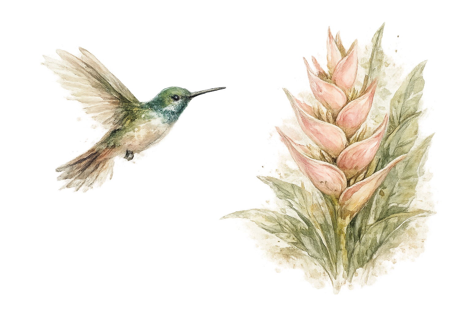 Ilustración en acuarela de un colibrí y una orquídea